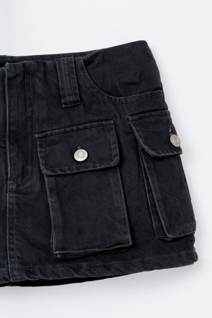 Cargo Mini Jean Skirt - GREY .