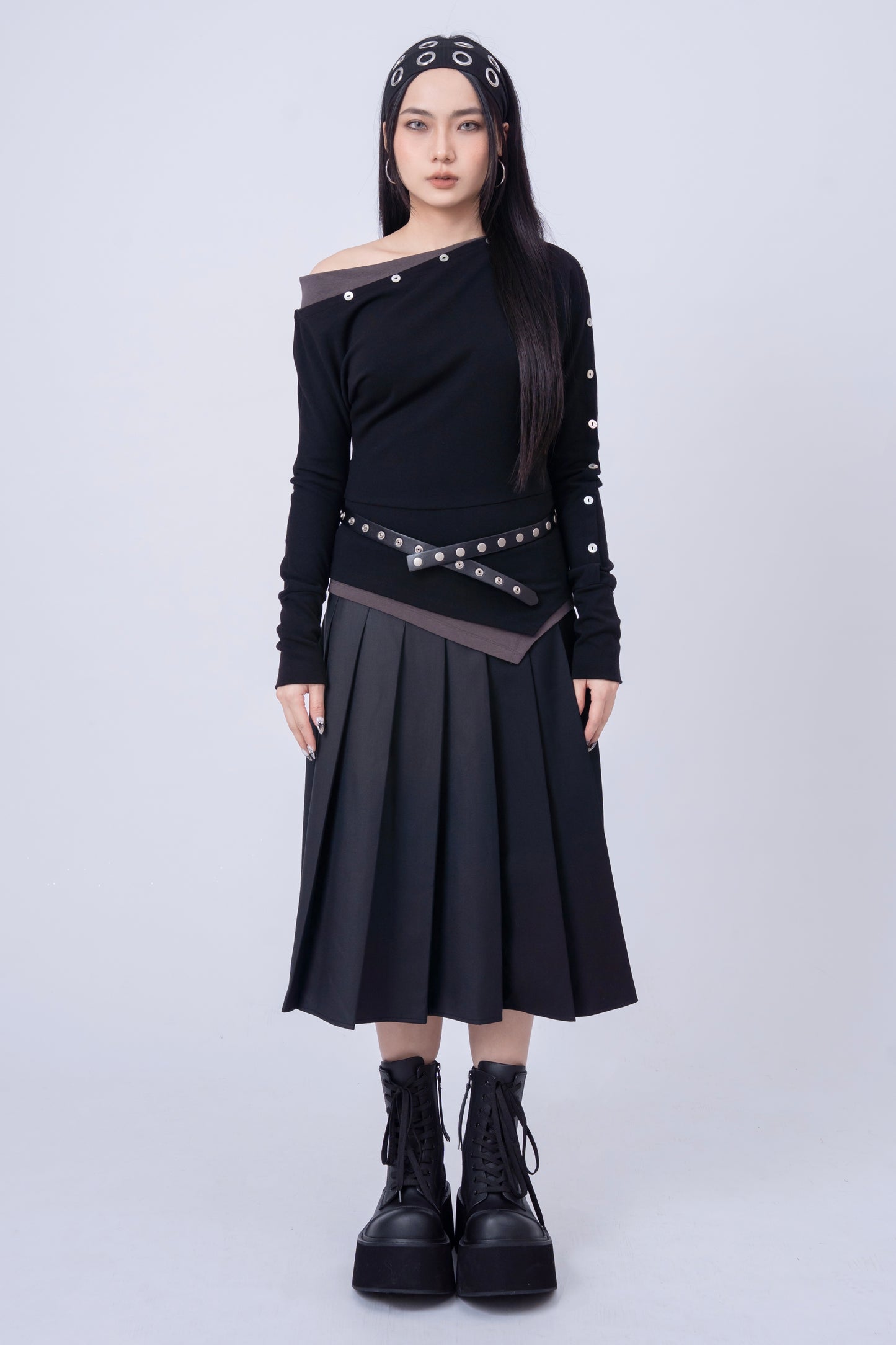 Dark Grey Pleated Skirt with Ties Belt .