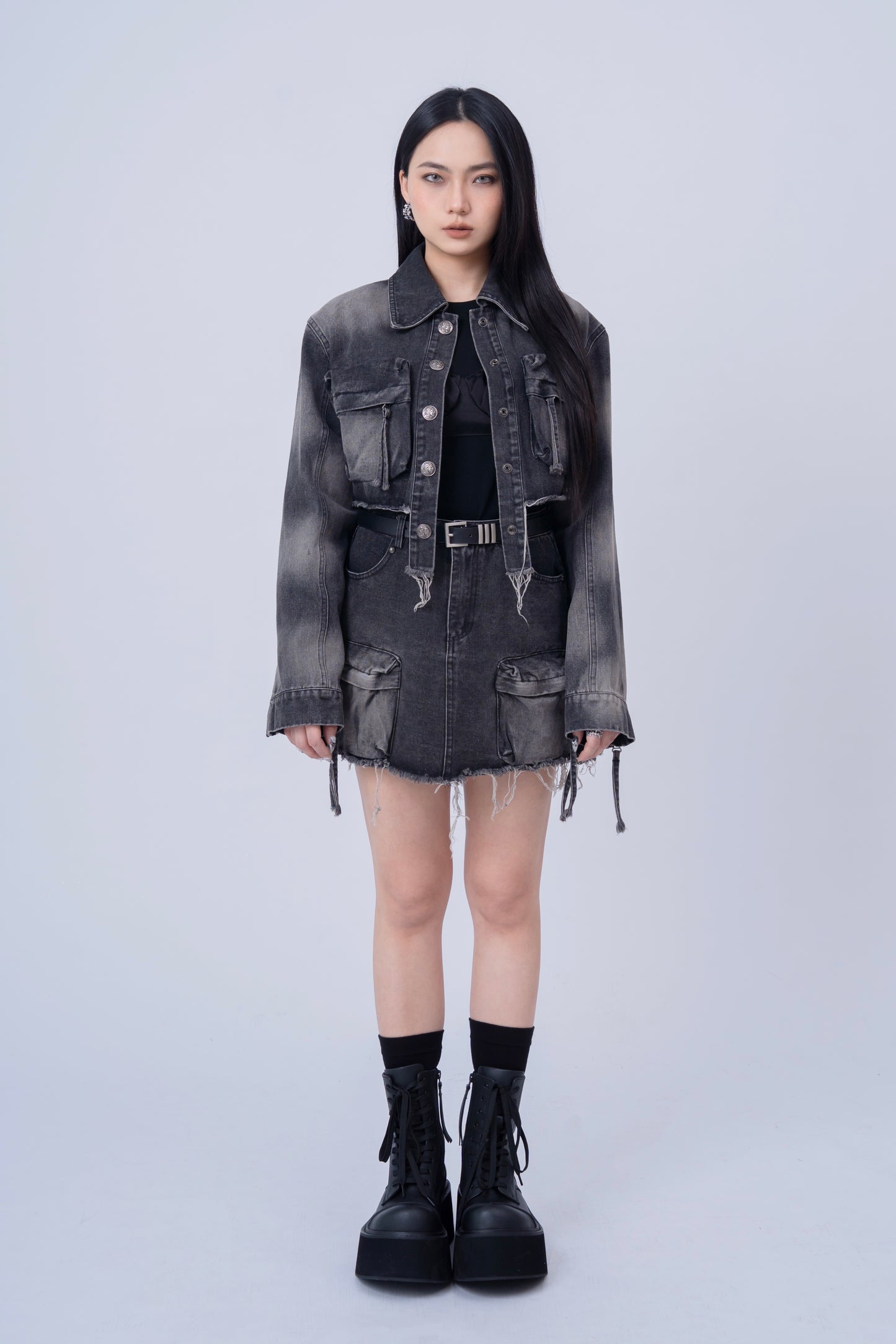 Washed Denim Skirt with Multi Pockets .