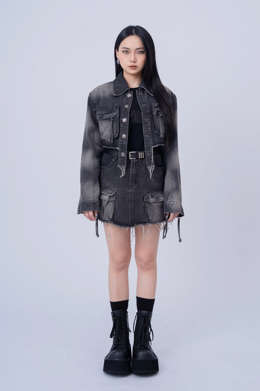 Washed Denim Skirt with Multi Pockets .