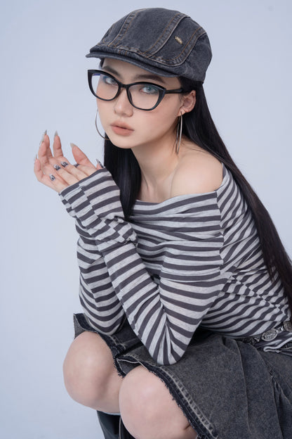 Grey Striped Off Shoulder Long Sleeve Top .