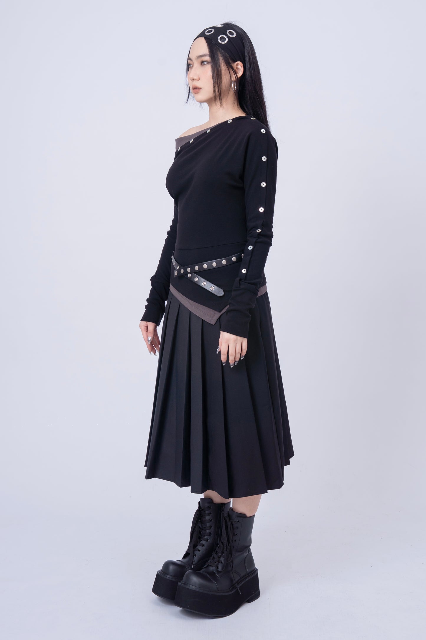 Dark Grey Pleated Skirt with Ties Belt .