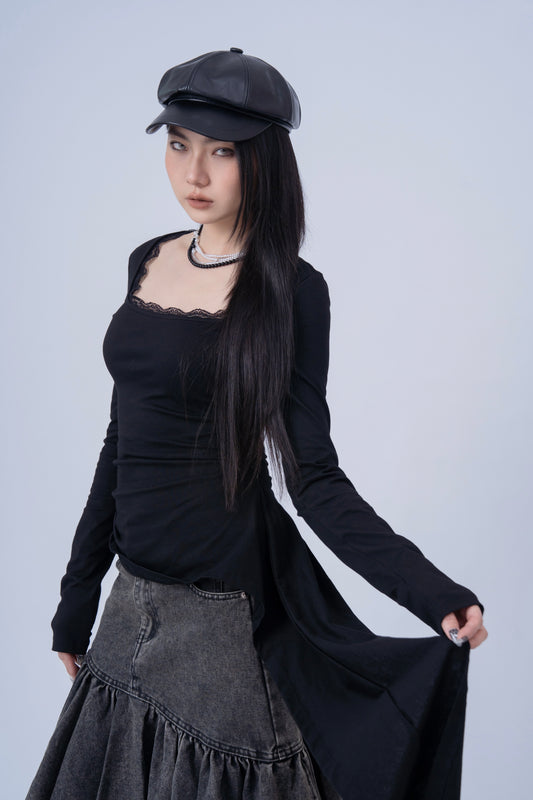 Asymmetric Long Sleeve Top with Lace Pattern .