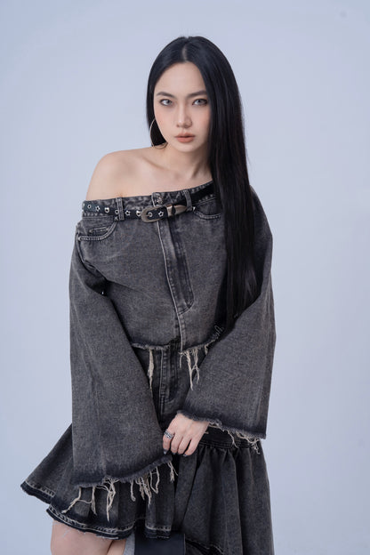 Denim Shirt with Slanted Collar .