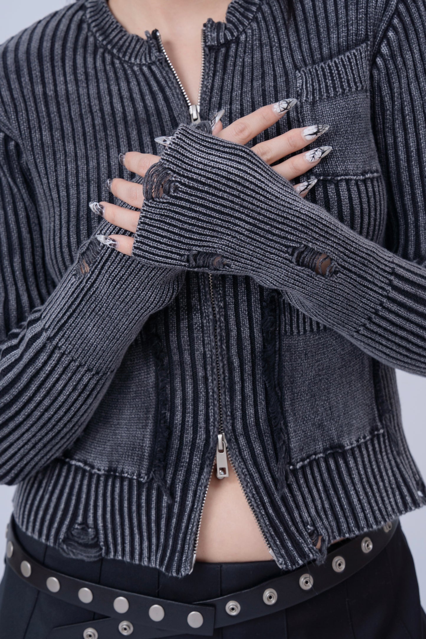 Distressed Zip Up Knit Cardigan .