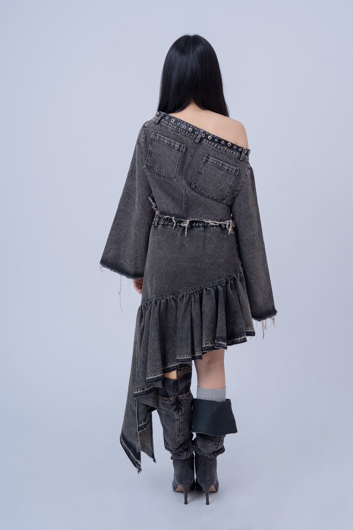 Denim Shirt with Slanted Collar .