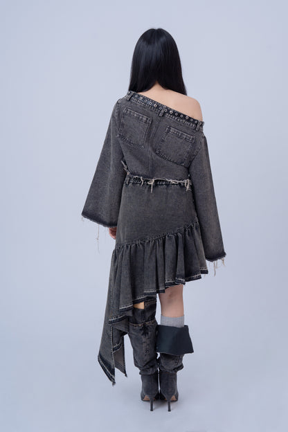 Denim Shirt with Slanted Collar .