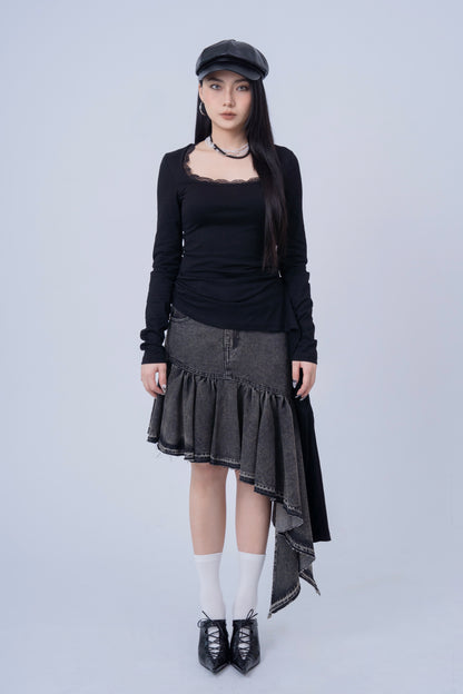Asymmetrical Denim Skirt .