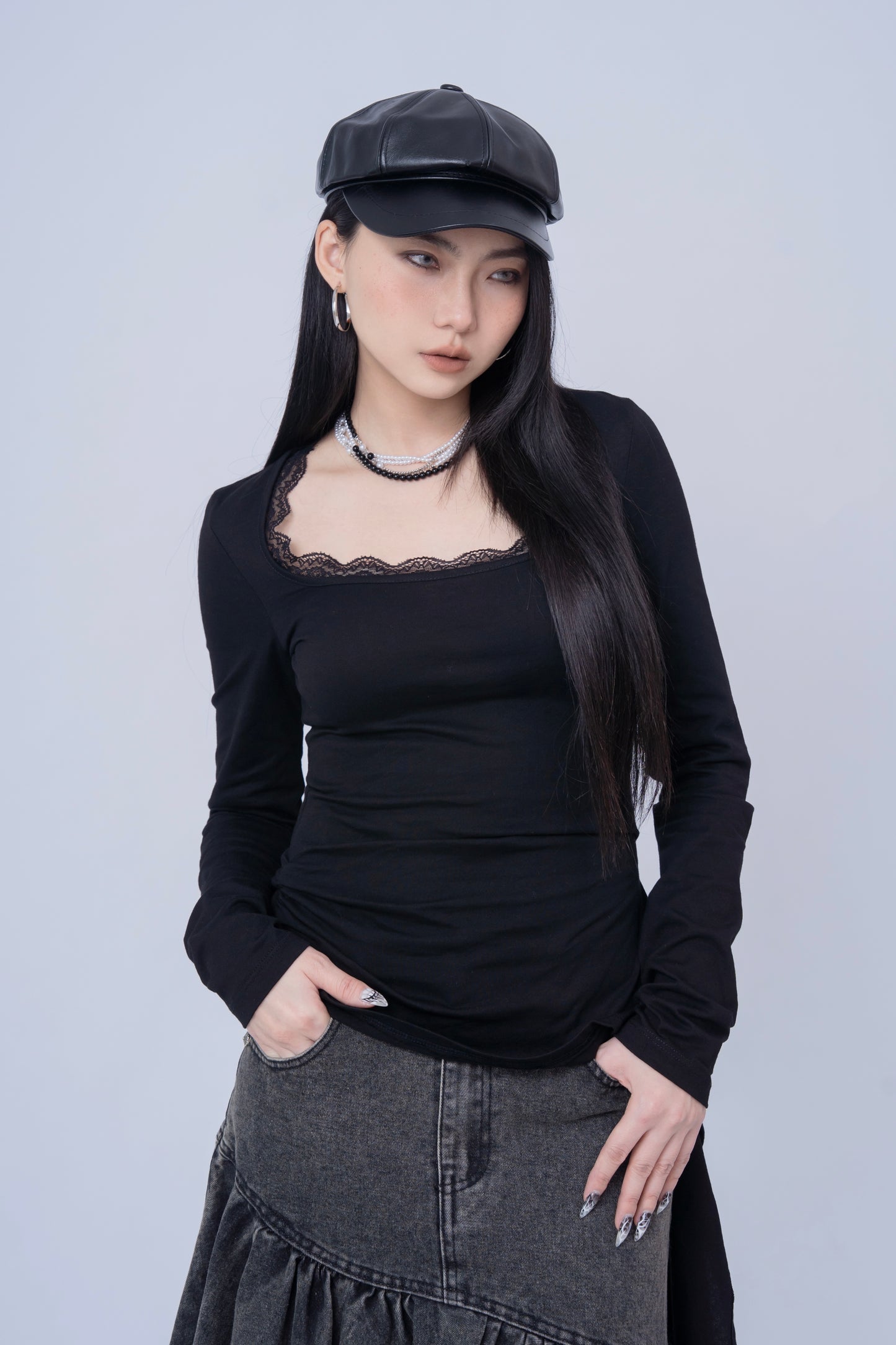 Asymmetric Long Sleeve Top with Lace Pattern .
