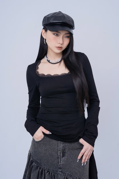 Asymmetric Long Sleeve Top with Lace Pattern .