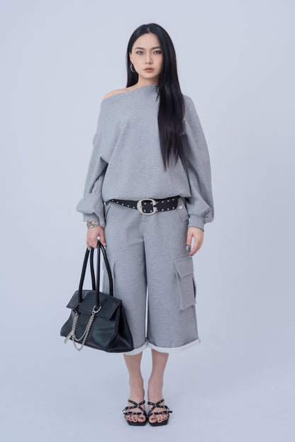 Shoulder Riveted Oversized Long Sleeve Sweater .