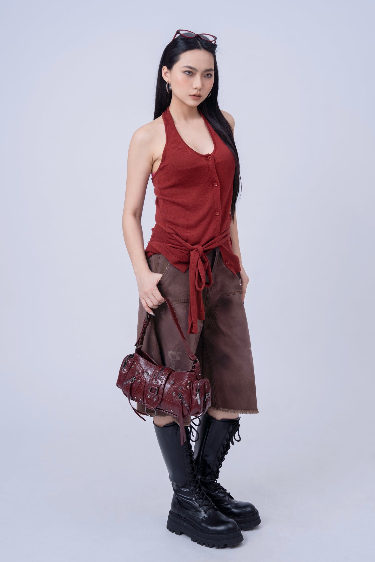 Red Brownish Washed Denim 7inch Shorts .
