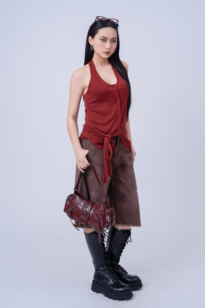 Red Brownish Washed Denim 7inch Shorts .