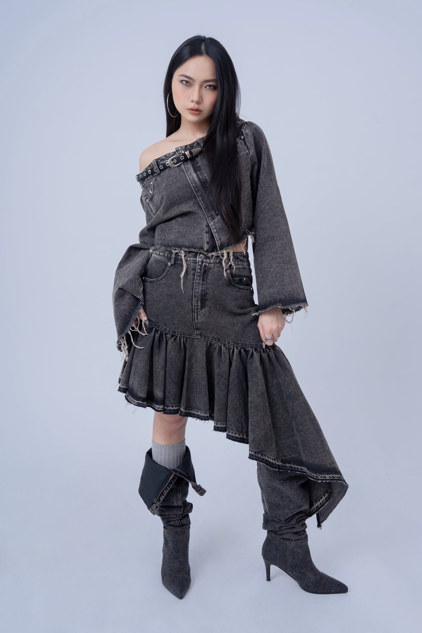 Asymmetrical Denim Skirt .