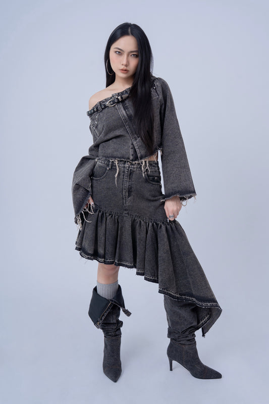 Asymmetrical Denim Skirt .