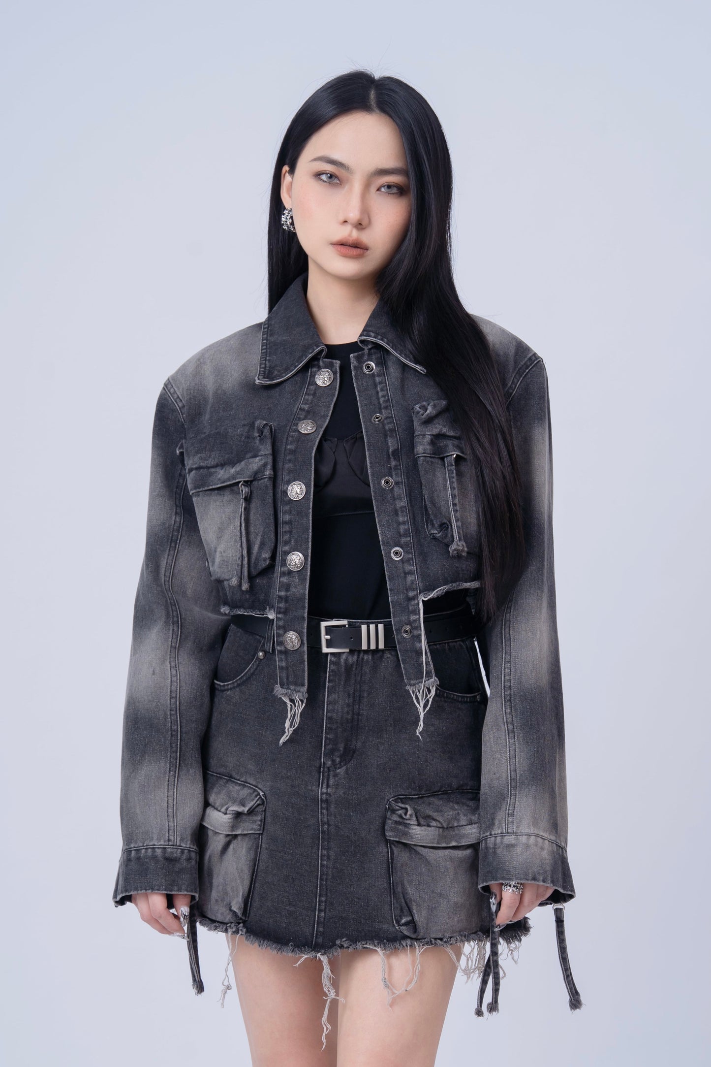 Washed Denim Jacket with Multi Pockets .