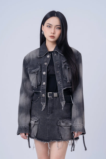 Washed Denim Jacket with Multi Pockets .