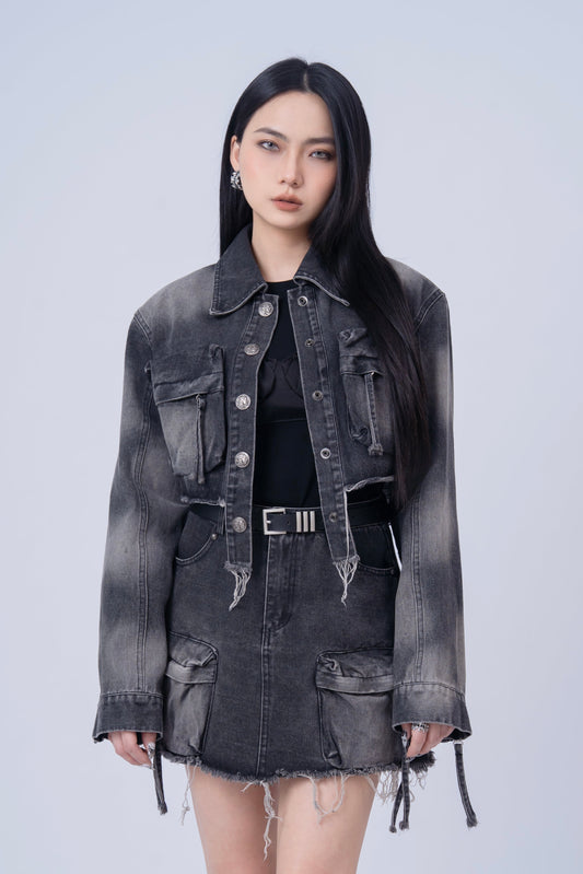 Washed Denim Jacket with Multi Pockets .