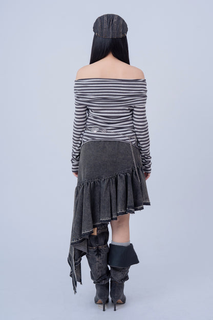 Grey Striped Off Shoulder Long Sleeve Top .