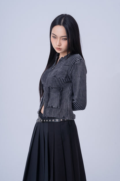 Distressed Zip Up Knit Cardigan .