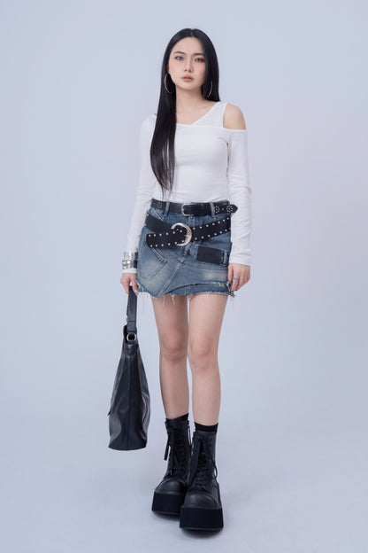 Asymmetrical Offset Seam Mini Skirt .