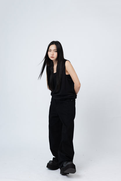 Knitted Sleeveless Tank Top - BLACK .