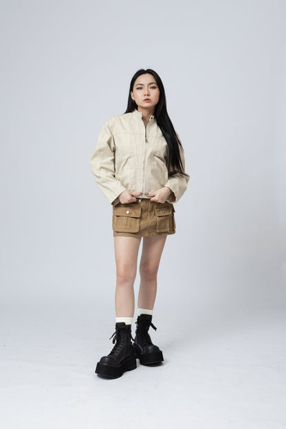 Washed Boxy Fit Jacket with Pouch - BEIGE .