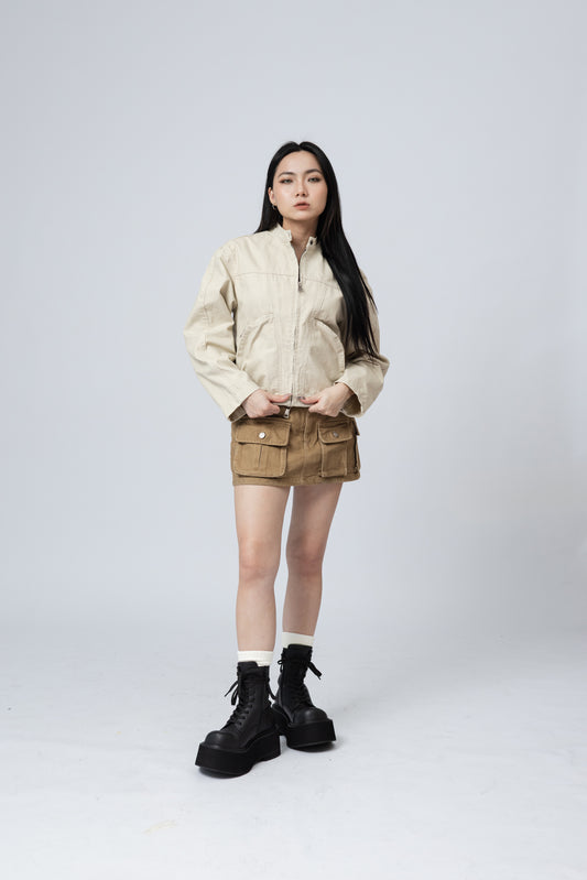 Washed Boxy Fit Jacket with Pouch - BEIGE .