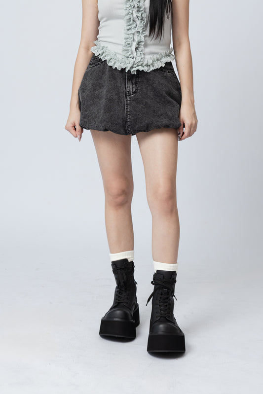 Bubble Hem Jean Skirt .
