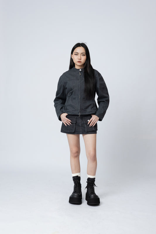 Washed Boxy Fit Jacket with Pouch - GREY .