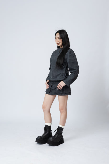 Washed Boxy Fit Jacket with Pouch - GREY .