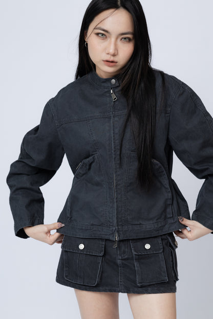 Washed Boxy Fit Jacket with Pouch - GREY .