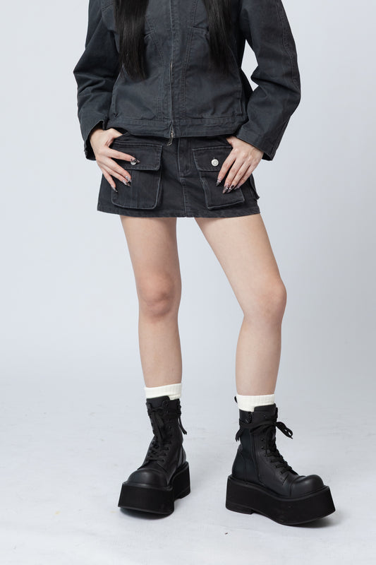 Cargo Mini Jean Skirt - GREY .
