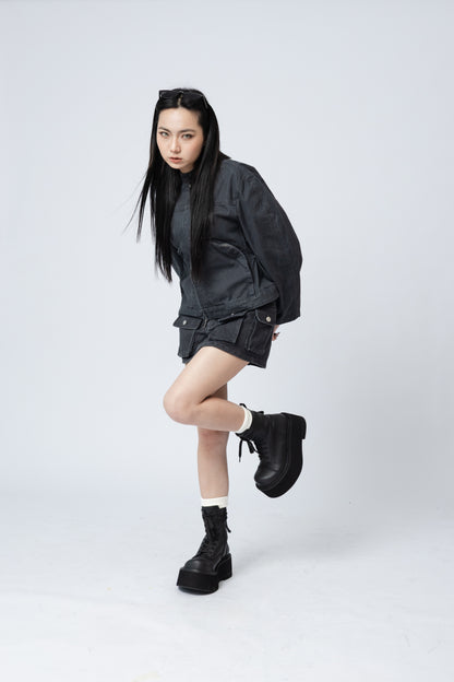 Cargo Mini Jean Skirt - GREY .