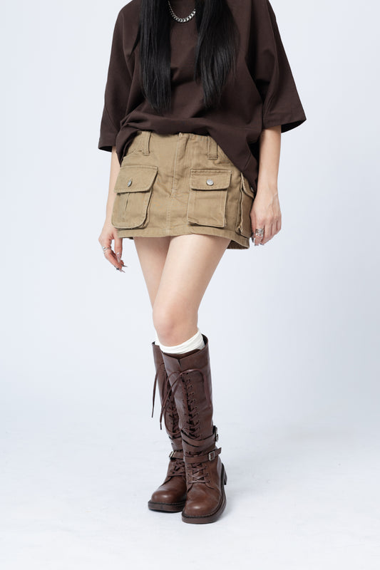 Cargo Mini Jean Skirt - KHAKI .