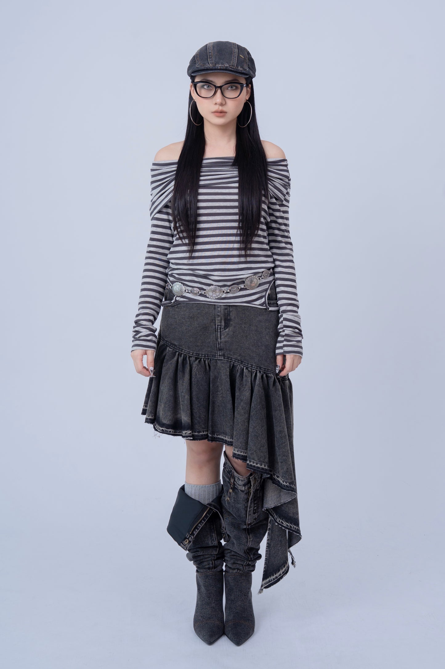 Asymmetrical Denim Skirt .