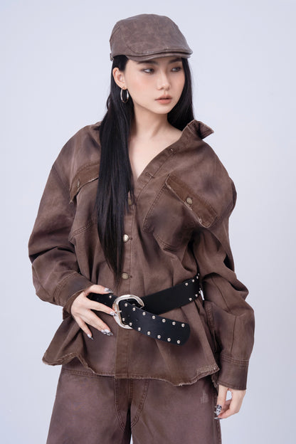 Red Brownish Washed Denim Jacket .
