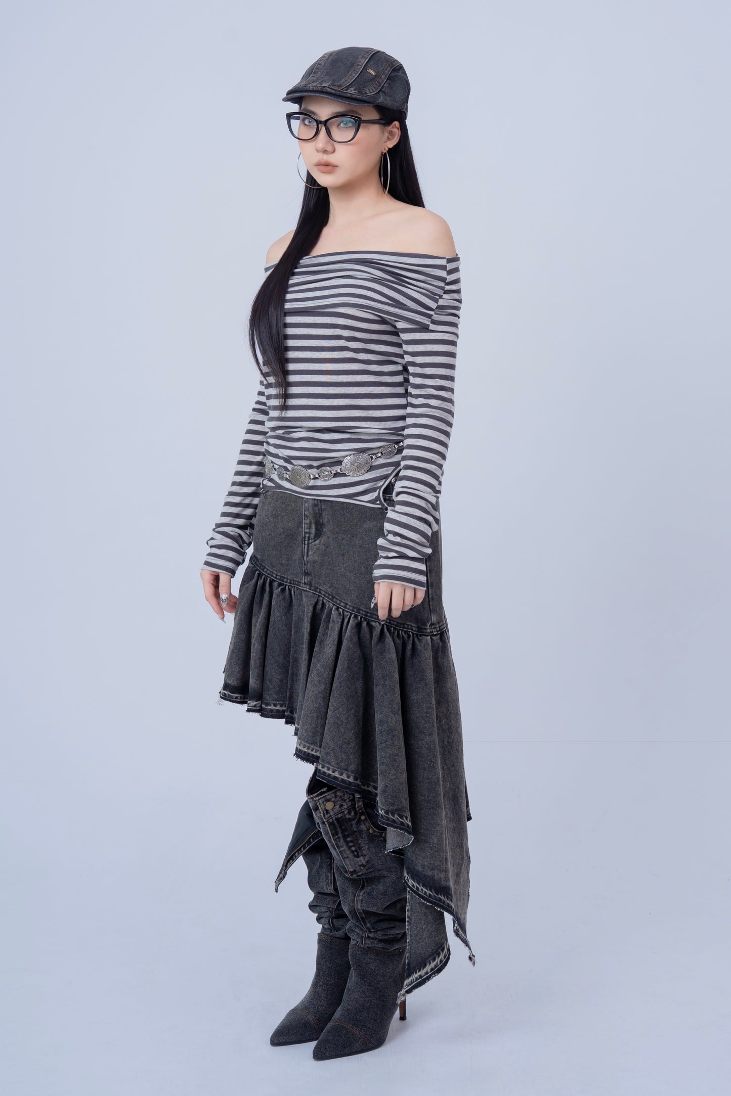 Grey Striped Off Shoulder Long Sleeve Top .