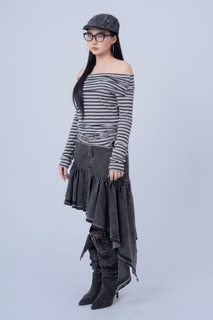 Grey Striped Off Shoulder Long Sleeve Top .
