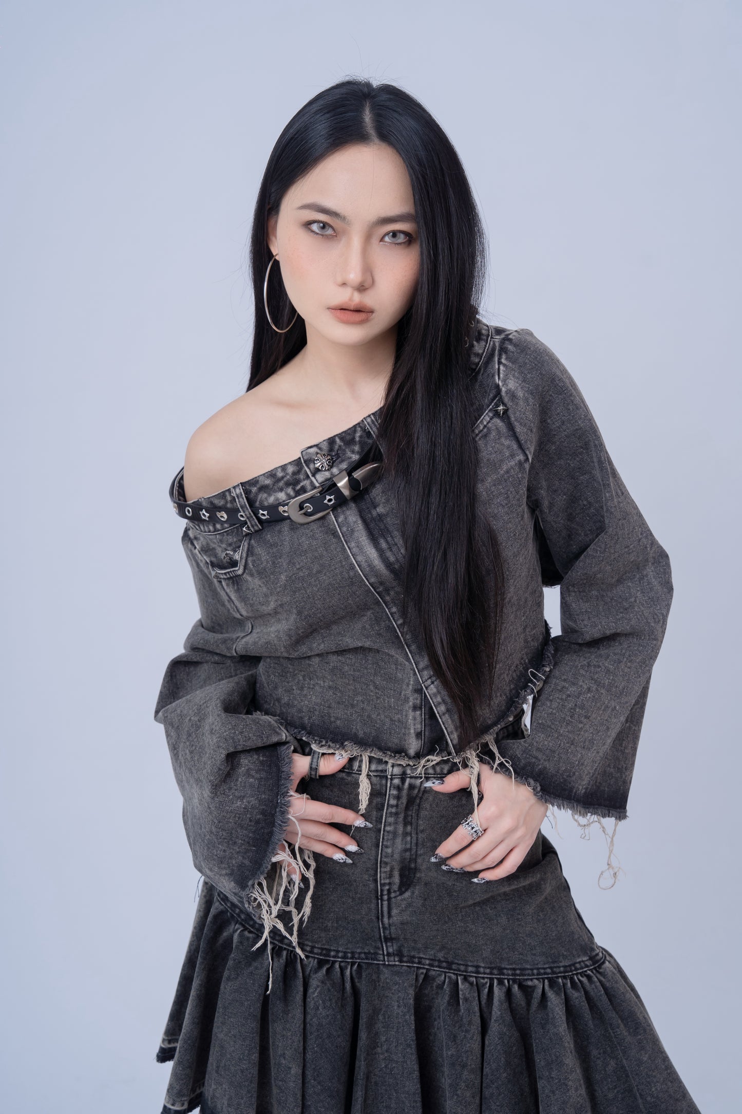 Denim Shirt with Slanted Collar .