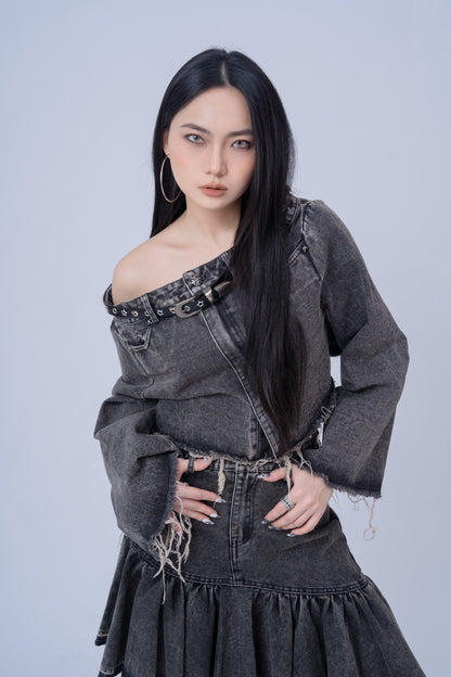 Denim Shirt with Slanted Collar .