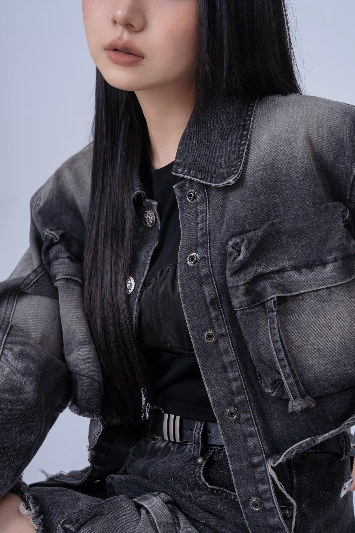 Washed Denim Jacket with Multi Pockets .