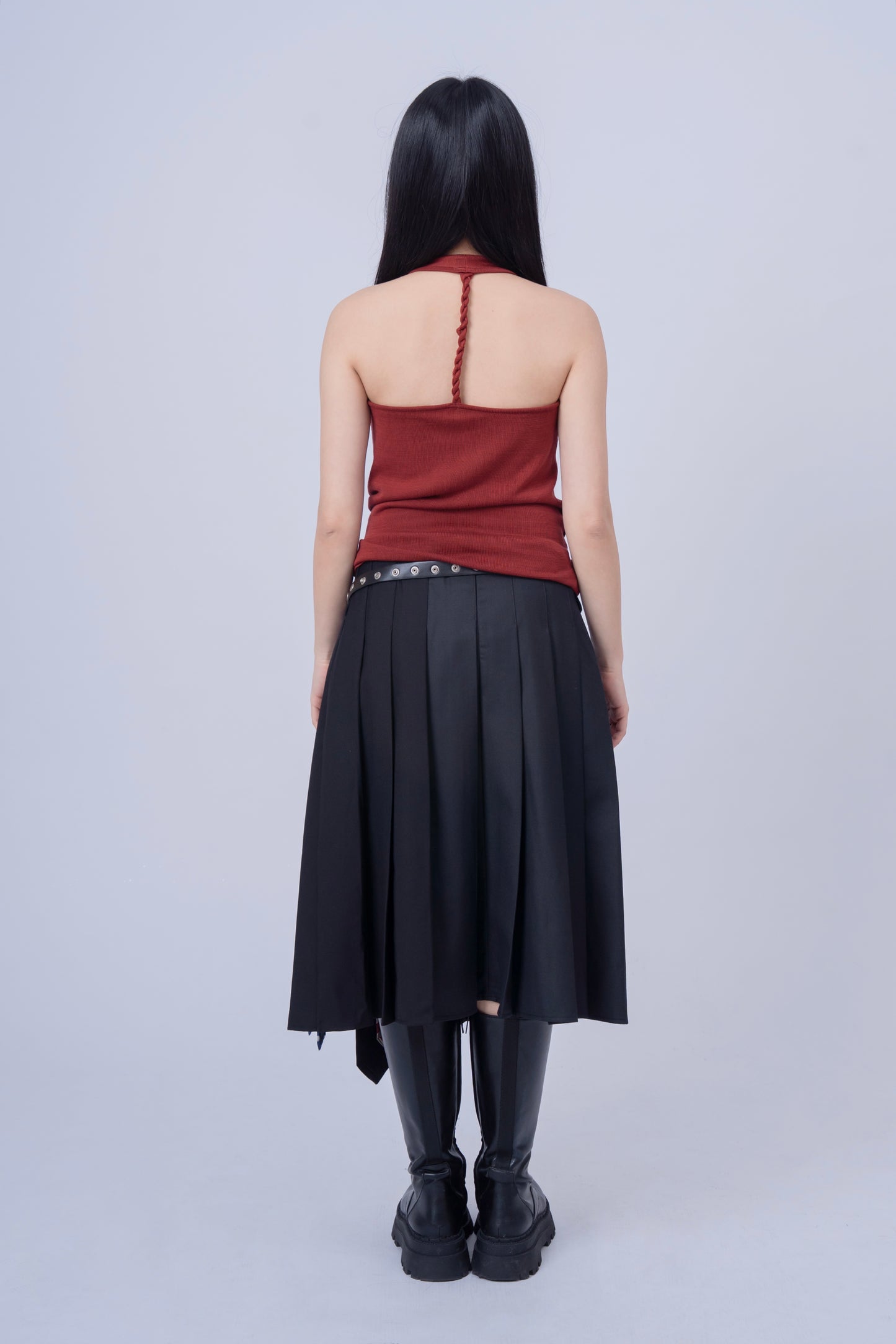 Dark Grey Pleated Skirt with Ties Belt .