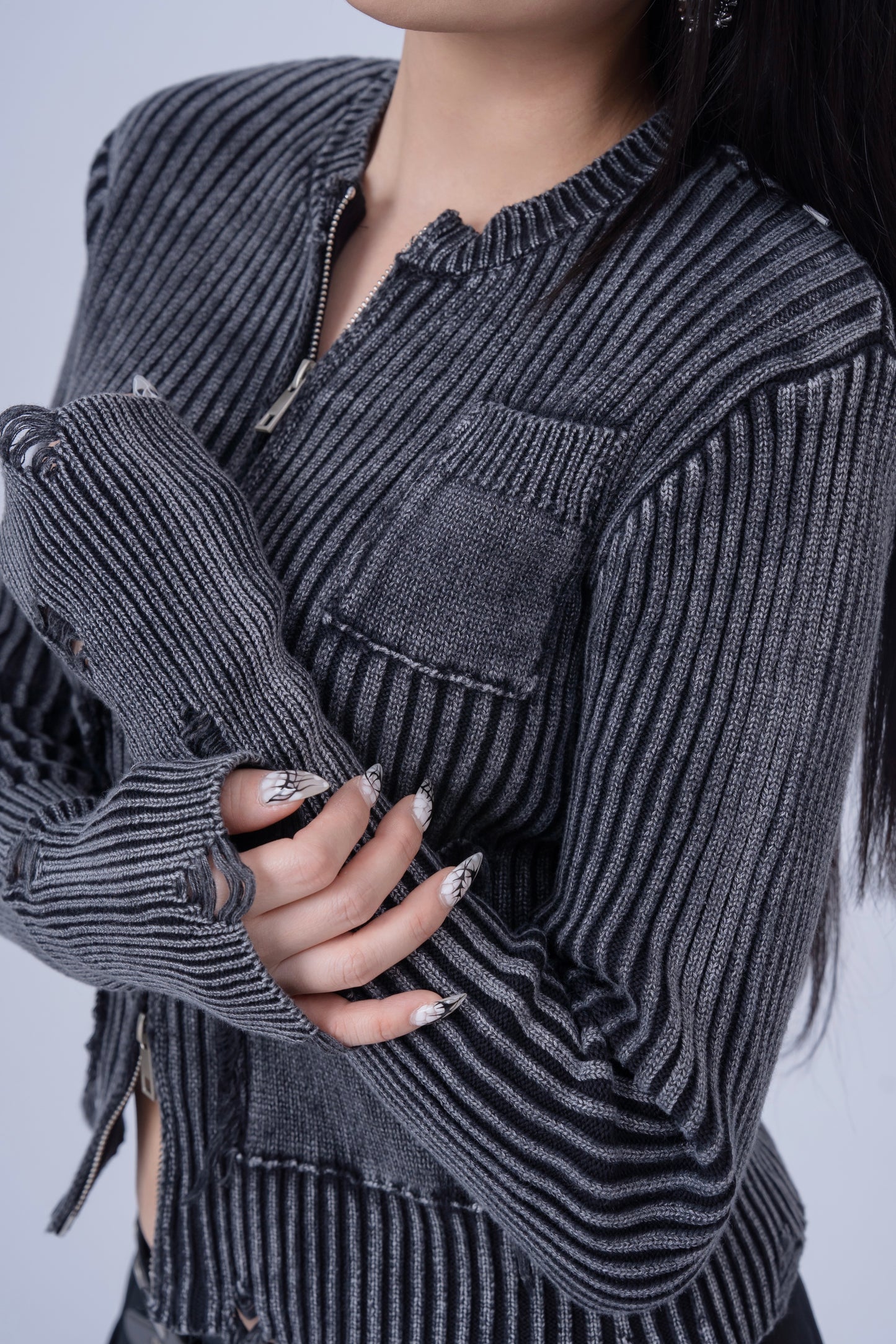 Distressed Zip Up Knit Cardigan .