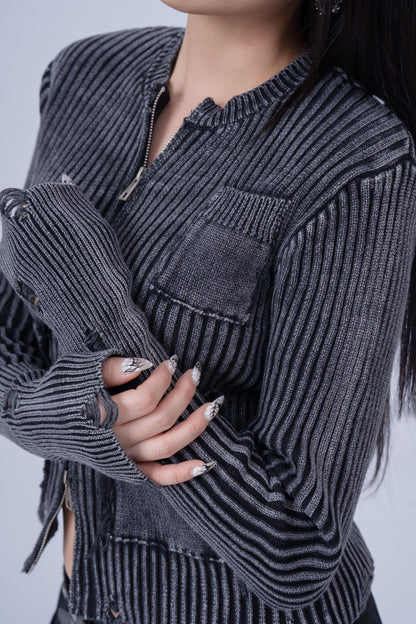 Distressed Zip Up Knit Cardigan .