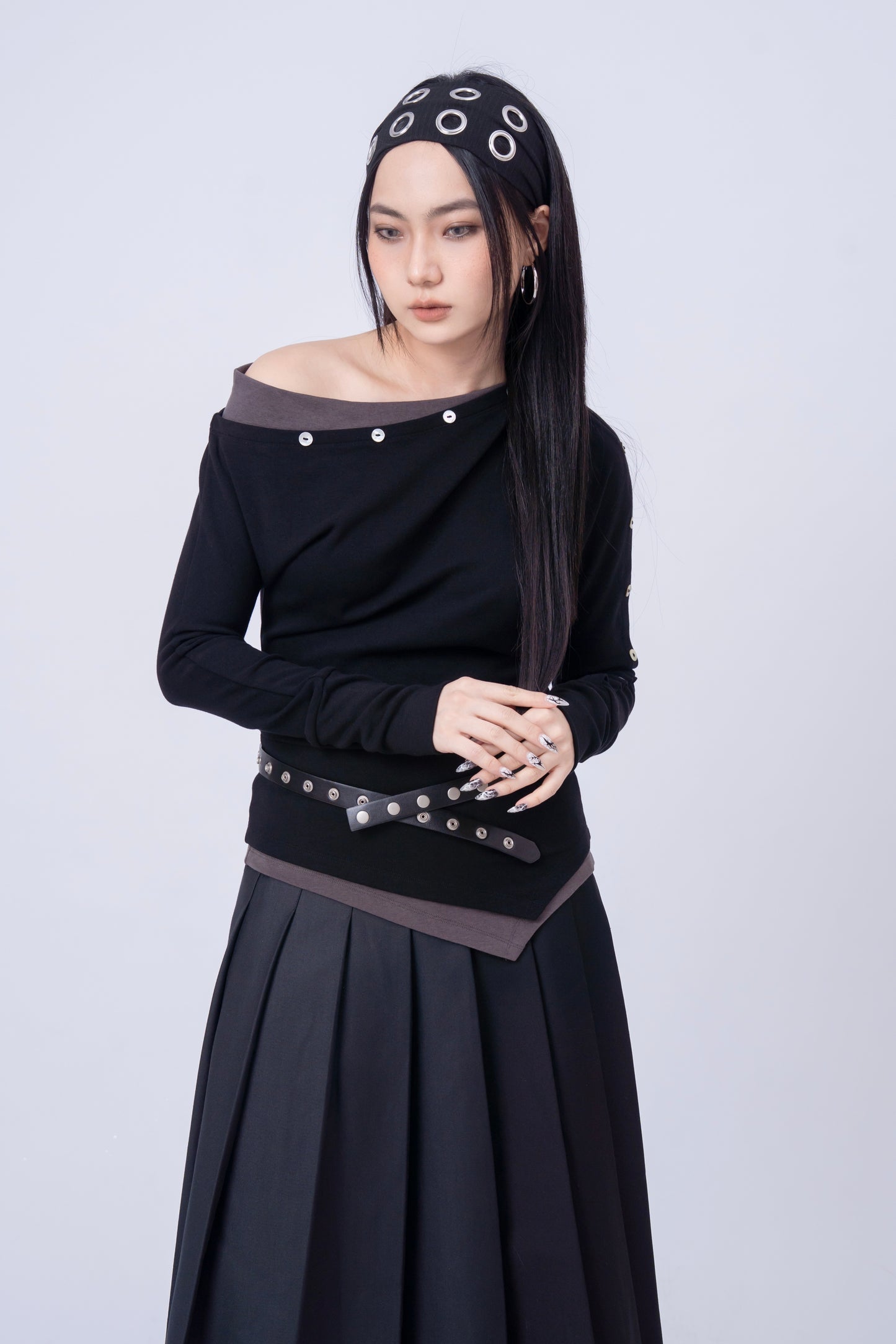 Asymmetric-Shoulder Long Sleeve Top .