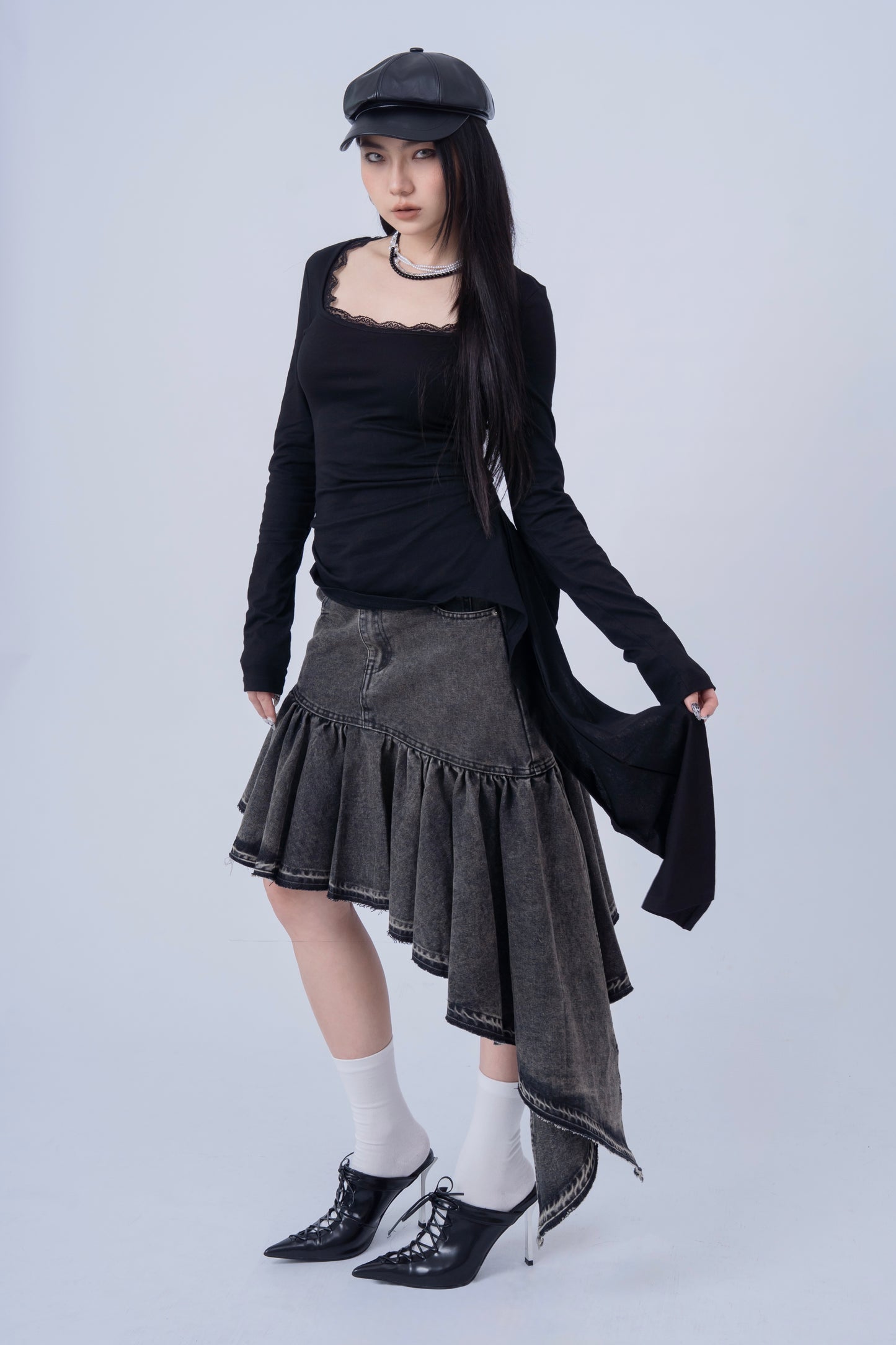 Asymmetric Long Sleeve Top with Lace Pattern .