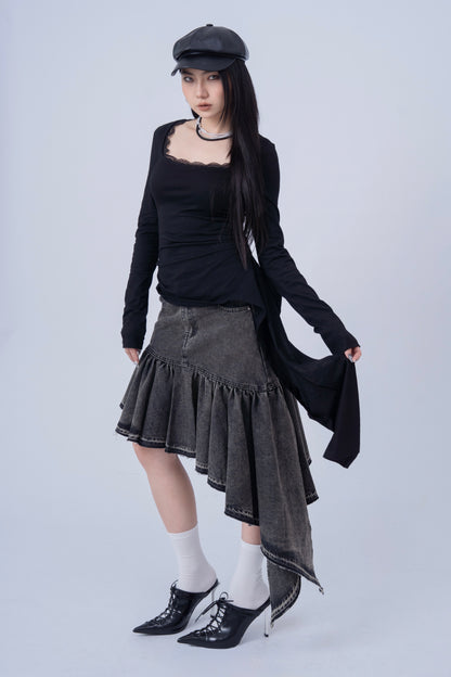 Asymmetric Long Sleeve Top with Lace Pattern .
