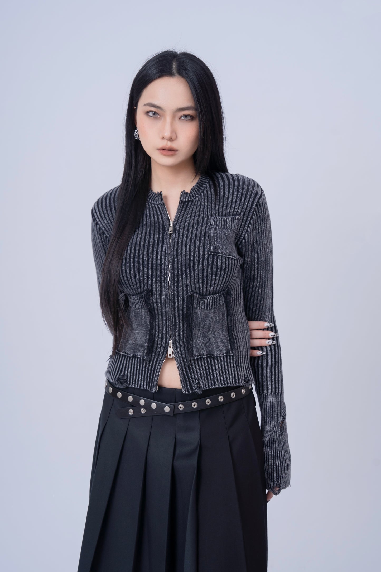 Distressed Zip Up Knit Cardigan .
