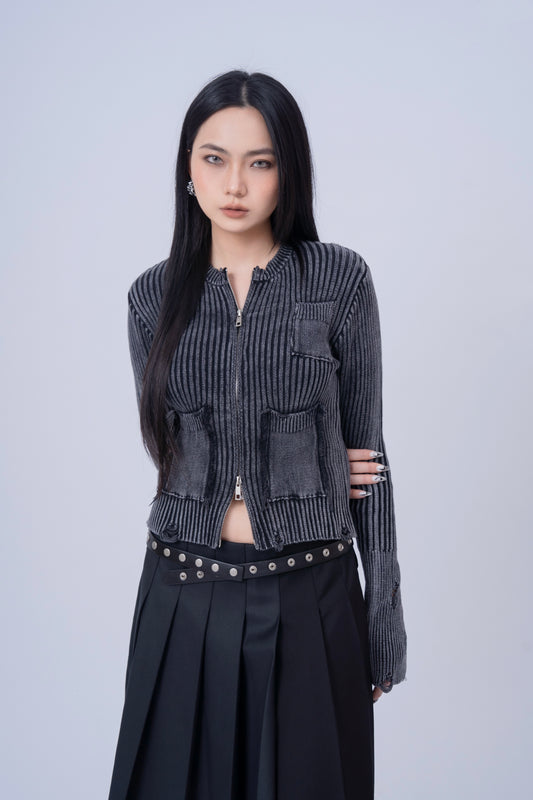 Distressed Zip Up Knit Cardigan .